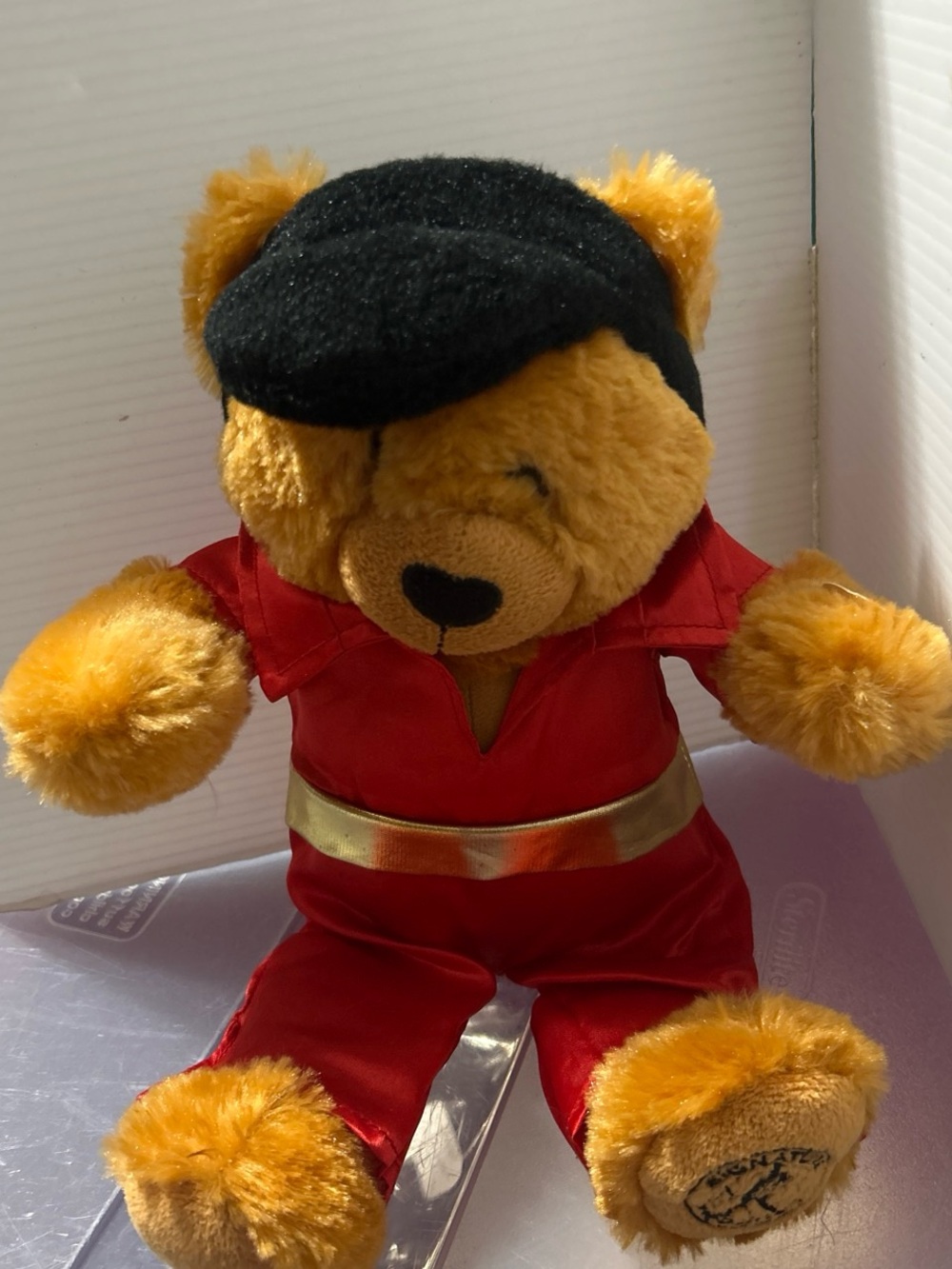 Golden Brown Plush Bear in Red Outfit with Black Cap